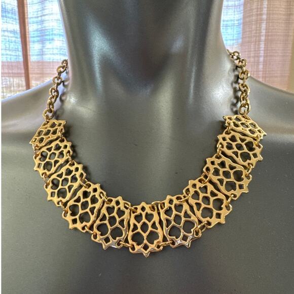 19 Inch Gold Tone Filigree Tile Collar Chain Necklace Lobster Claw Clasp Dangle - Picture 1 of 2